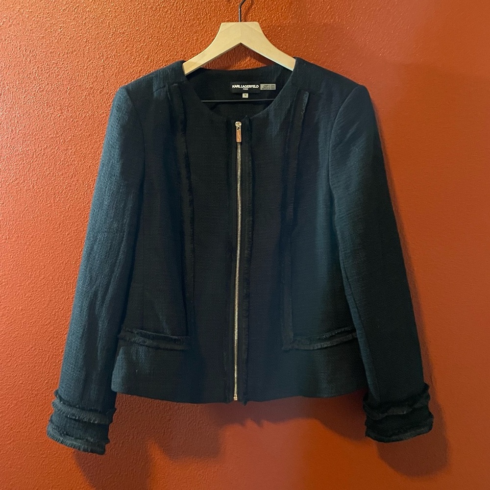 Karl Lagerfeld Woman’s Black Frilled Academia Full Zip Blazer‎ Coat Jacket